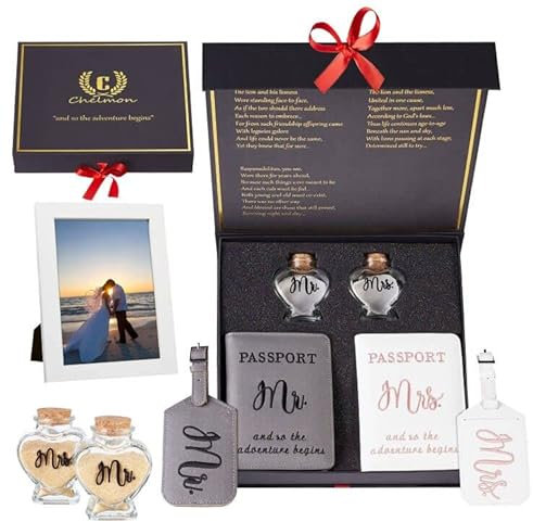 Chelmon Étiquettes de bagage Mr and Mrs - Porte-passeport - Pour lune de miel - Bocal souvenir et cadre photo de mariage - Cadeau de lune de miel et de mariage - Cadeau de fiançailles pour les