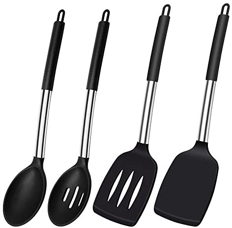 Thimmamma Silikon Pfannenwender Löffel, Hitzebeständig Spachtel Küche Geschlitzt Set für Kochen, BPA Frei Küchenhelfer Schwarz Küchenutensilien Spülmaschinengeeignet, 4 Stück, Silicone Spatula Spoons