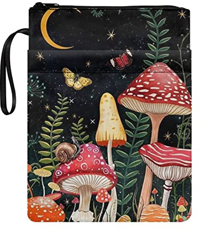 Biyejit Wald-Schmetterling-Pilz-Buchhülle mit Reißverschluss, Buchschutz für Taschenbuch, Bibel, waschbar, Stoff, Buchtasche mit Tasche für Teenager, Erwachsene, Buchliebhaber, Geschenk
