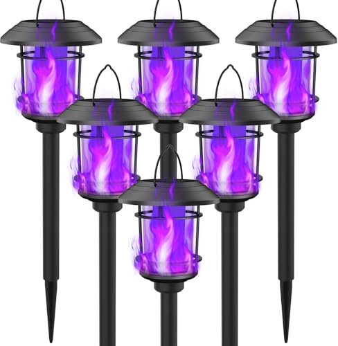 Dynaming 6 Pack Solar Flame Torch Lights Outdoor, Flickering Purple Flame Garden Light, Solar Halloween Lights, Auto On/Off & Waterproof Landscape Lighting for Lawn Patio Yard Walkway Driveway