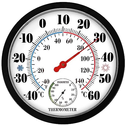 Thermometer Innen Außen - 25.4cm Raumthermometer Innen Außenthermometer Hygrometer, Thermometer mit Luftfeuchtigkeitsmesser Wandthermometer für Häuser, Gewächshäuser, Gärten