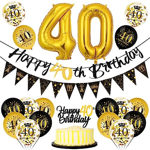 40 Geburtstag Deko für Mann und Frau - Luftballon, Happy Birthday Banner, Wimpelkette, Folienballon Zahl 40, Cake Topper Schwarz Gold für Party Dekoration