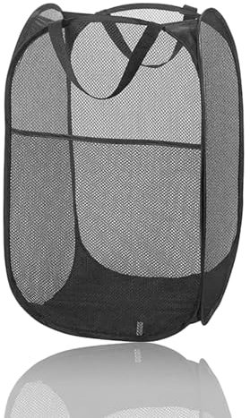 Faltbar Wäschekorb Schwarz, Groß Pop-Up-Wäschekorb aus Mesh Wäschesammler mit Griffen Runde Lagerung Wäschebox Schmutziger Korb für Home Organizer Kinderzimmer