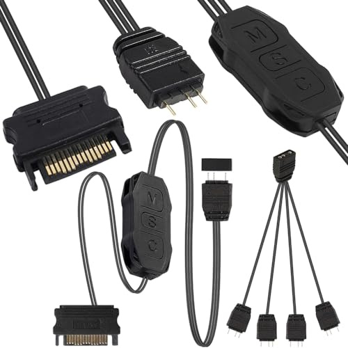 Xiatiaosann 5V 3Pin ARGB Controller, SATA Netzteil Light Stripe Fernbedienung mit A-RGB 1 Buchse auf 4 Stecker Splitterkabel für Motherboards ohne 5V ARGB, AR-GB Light Strips