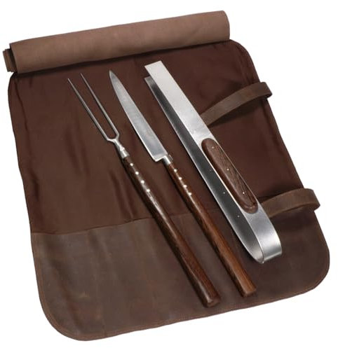 Laguiole en Aubrac Grillbesteck Grill-Set 3-teilig - Griff Wenge-Holz - Große Vintage-Ledertasche braun