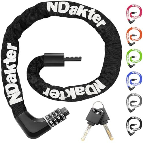 NDakter Upgrade Bike Chain Lock with 4 Digit Combination and 2 Keys, 1.64/2.3/3.2/4.28 Ft Heavy Duty Anti-Theft Bicycle Lock, 2 Ways to Unlock High Security Scooter Locks for Ebike, Escooter, Door
