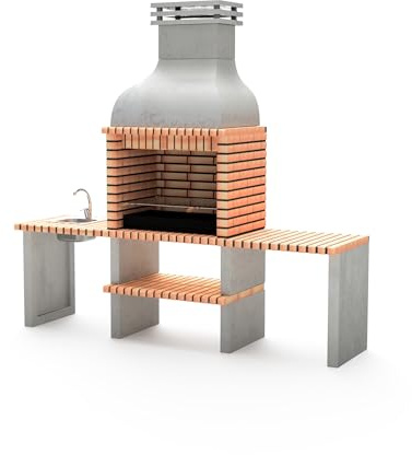 MOVELAR - Barbacoa de Obra Prefabricada de Leña y Carbón Modelo Altea Plus (Gris, Naranja - 268 x 70 x 255 cm) REF: M00044 - Cocina de Exterior con Lavabo para Jardín y Terraza