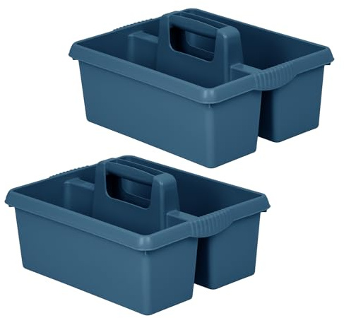2 X Heavy Duty Large Plastic Handy Kitchen Tool Cleaning Tool Box with Handle Utility Storage Tidy Organiser Tote Tray Two Compartment Cleaners Carry Caddy Multipurpose Cleaning Tools - Navy Blue