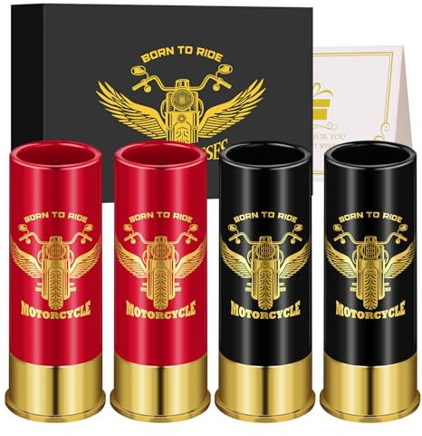 Lot de 4 Verres à Liqueur de Moto en Plastique pour Hommes et Femmes, Amateurs de Moto, Conducteurs, Motards, Fête, Anniversaire, Cadeau, 12GA Bullet Shot pour Whisky, Tequila, Vodka, Noir et Rouge