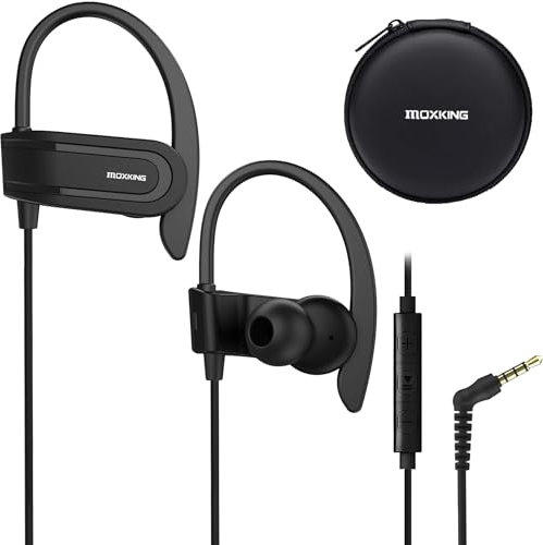 MOXKING Auriculares deportivos con cable con micrófono, a prueba de sudor, para correr, auriculares con gancho para la oreja, auriculares in-ear para entrenamiento, entrenamiento, gimnasio, compatible