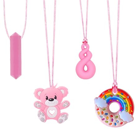 Chew Toys for Autistic Children, 4 Pack Pink Silicone Autism Sensory Chew Necklaces, Chewy Toys for Autism Teether Toy for Boys