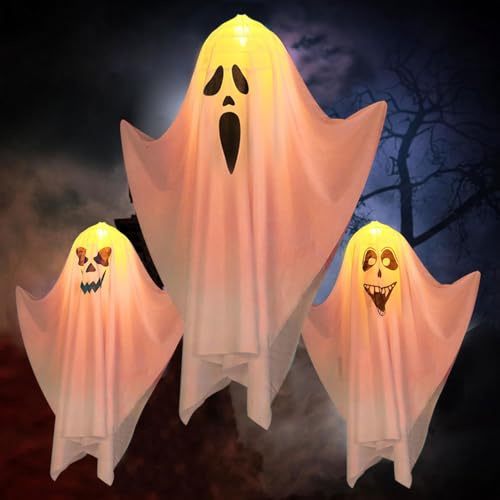 3 Stück hängende Geister deko LED, Geist mit Licht, Halloween-Lichterketten