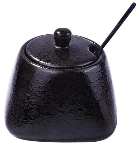 Azucareros de cerámica con cuchara de acero inoxidable (negro)