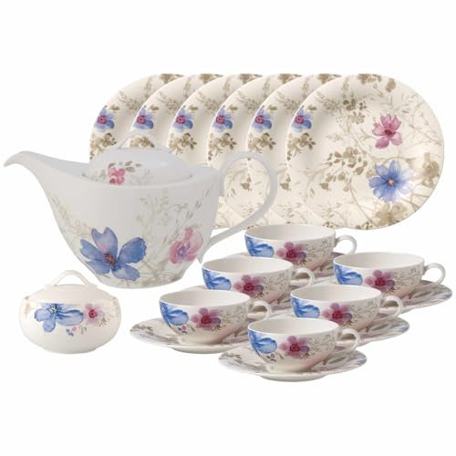 Villeroy & Boch Mariefleur Gris Service à thé 20 pièces | Tasses à thé avec soucoupes et assiettes à gâteau pour 6 personnes | Théière et sucrier | Porcelaine de qualité supérieure avec décor floral |