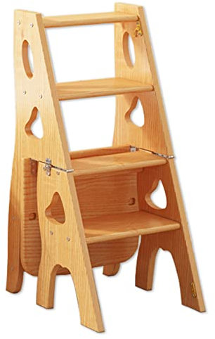 LIFENGFF Folding Step Stool 4 Steps Wooden Ladder Chair, Multifunction Portable Stepladder Stairway Chair Ladder Shelf for Kitchen Library Bookshelf Plant Stand Flower Rack