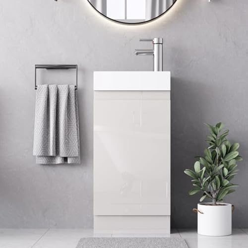 BELOFAY 400mm Floor Standing Bathroom Vanity Unit With Basin - Slim Waterproof Laquered Cloakroom Vanity Unit with 1 Tap Hole Ceramic Basin & Waste | Reversible Tap Fitting (Denvor White)