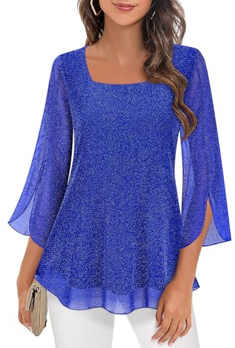Syphiby Womens Blouses Ruffle 3/4 Sleeve Tunic Tops Loose Flowy Square Neck Chiffon Top Double Layers Mesh Shirts M-3XL