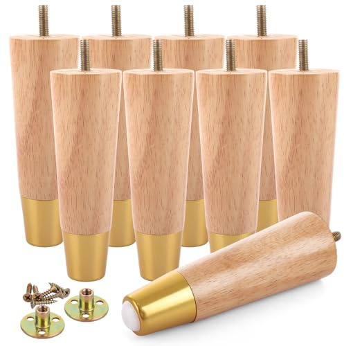 DAJAVE 8 Pcs Wooden Furniture Legs 15cm/6inch Wooden Feet for Furniture Solid Tapered Sofa Legs with Gold Caps Replacement Furniture Legs for Sofa Couch Bed Armchair Ottoman