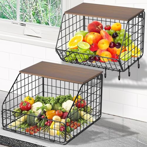 YADOBIG 2 Stück Obstkorb Hängend, Metall Hängender Obstkorb für Küche mit Holzdeckel mit 4 Haken, Stapelbar und Wandmontierbar Obstschale zur Aufbewahrung von Obst Gemüse, Schwarz, 1 Große 1 Kleine