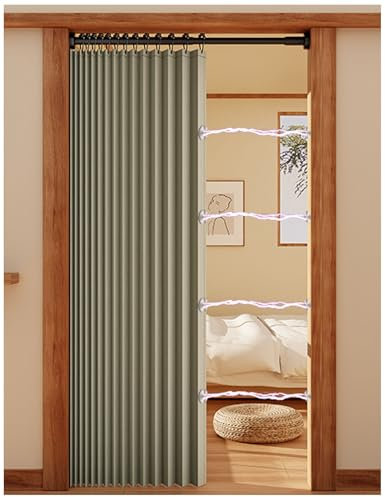 APMOE Türvorhang mit Stange und Magnetknopf, Thermo Vorhang Gegen Kälte Ohne Bohren Zu Installieren, Vorhang Blickdicht(Grün,Rod 100-120cm/curtain 120x200cm)