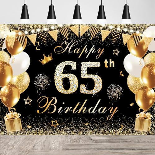 65. Geburtstag Party Dekoration,65 Geburtstag Banner Mann Gold Schwarz Partyzubehör zum 65 Feuerwerk und Wimpeln,185 * 110cm