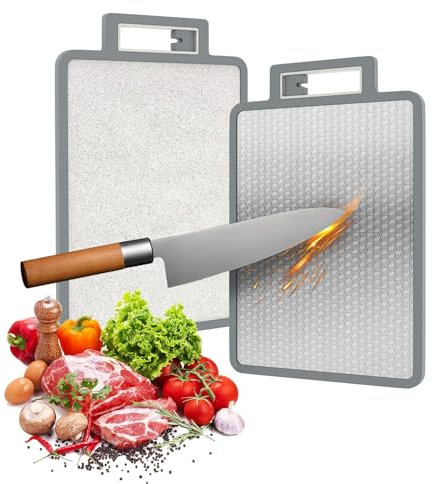 Tabla de cortar de doble cara de acero inoxidable 304 antibacteriana y antifúngica con afilador de cuchillos integrado, superficie de plástico para alimentos antideslizante