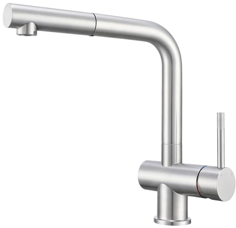 Yamataro Wasserhahn Küche, Küchenarmatur Ausziehbar mit Brause, Spültischarmatur Küche, L-förmiger Edelstahl Mischbatterie Armatur, 360° Schwenkbar, Mischbatterie mit Einhebelmischer