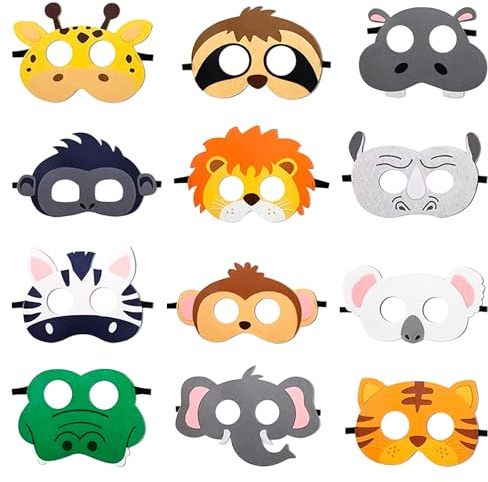 Encuryna Tiermasken für Kinder 12 Stücke Kinder Filz Masken, Party Animals, Dschungel Deko Geburtstag, Kostümpartys Cosplay Maske verkleiden für Maskerade Geburtstage Dschungel Thema Partyzubehör