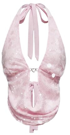 MakeMeChic Women's Sparkly Sequin Draped Halter Top Tie Backless Party Y2K Tank Tops Pink Medium