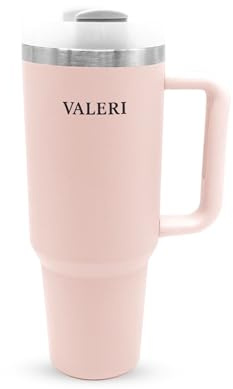 VALERI 40oz Leakproof Travel Tumbler with Straw Lid & Handle – Double Wall Vacuum Insulated Stainless Steel Cup – BPA-Free Metal Mug for Hot & Cold 24 Hours– Dishwasher Safe – Rose Quartz Pink