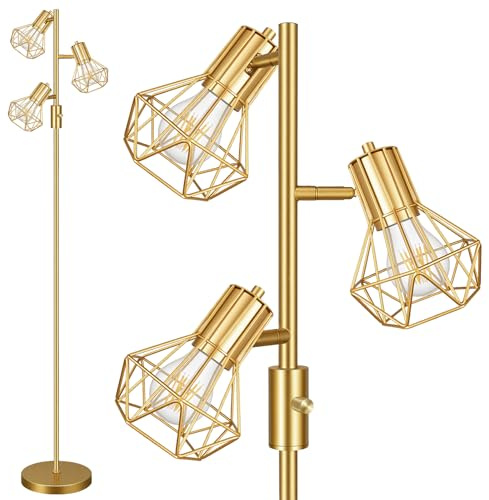 HiBay Stehlampe Dimmbar LED E27 3 Flammig Floor Lamp Gold Luxus Standlampe mit 3x8W 800LM E27 für Wohnzimmer, Schlafzimmer, Büro | Leselampe mit Stecker 2M Drehbare 360° Floor Lamp 800LM Metall 230V für Wohnzimmer Schlafzimmer Büro inkl. 3x8W 3000K LED