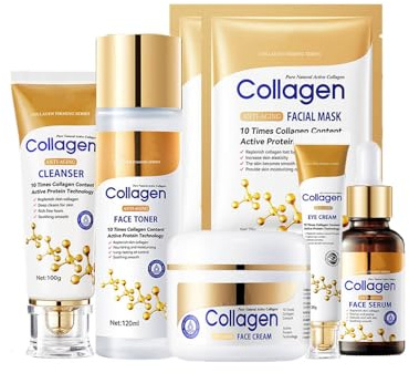 Collagen Skin Care Set, 7PCS Skincare Gift Set for Women with Facial Cleanser, Serum, Toner, Eye Cream, Cream & Face Mask, Anti Aging Face Care Kit for Hydrate & Firm Skin, Smooth Wrinkles
