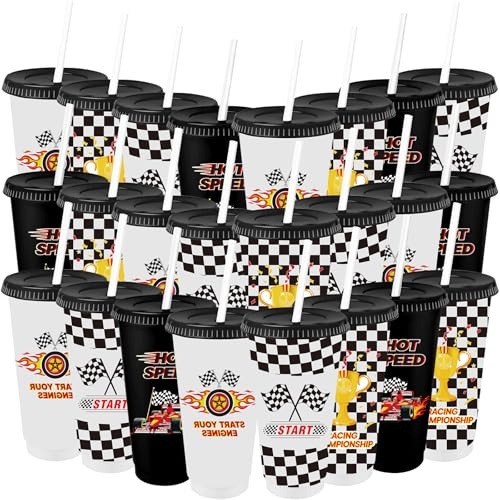 MSYU 24 vasos de plástico a granel con tapa y popote, 710 ml, reutilizables, regalos de fiesta, botella de agua, taza de café para Navidad, cumpleaños, aula, regalos (coche de carreras)