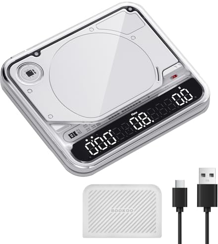 BOOKOO Báscula de Café con Temporizador, Báscula Espresso 0,1 g, 2000 g, 4 Modos, Bluetooth App, Control de Flujo, IP67, Batería 2000 mAh 72 h, USB-C, Espresso y Pour Over, Blanca