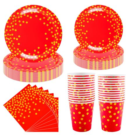 100PCS Red Party Tableware Set, CEILIWEN Red & Gold Polka Dot Paper Plates | Incl. Plates, Napkins, Cups, Complete Party Supplies Set for Xmas Anniversary New Year Birthday Party
