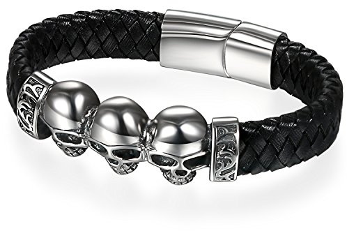 Flongo Herren Lerderarmband mit Totenkopf Kreuz ägyptischen Phara Vintage Tribal Totem Löwen Schloss Edelstahl Armband Kette Geflochten Armreif Magnet Verschluss Männer Schwarz Silber gold