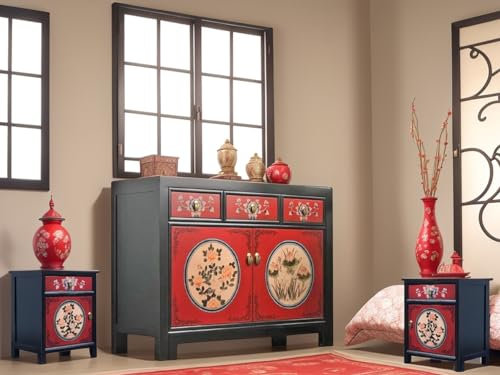 OPIUM OUTLET Ensemble de meubles chinois - Meuble asiatique - Pour chambre à coucher - Style shabby chic - Rouge et noir - 2 armoires de nuit