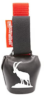 swisstrailbell® Deep Black Edition: König der Alpen, Steinbock, rotes Band, Fahrradklingel, Trailbell, Signalglocke