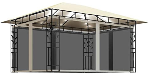 vidaXL Tonnelle avec Moustiquaire et Lumières Belvédère de Jardin Pavillon d'Extérieur Tente de Réception Chapiteau Barbecue 4x3x2,73m Crème 180 g/m²