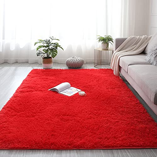 ERPENG Teppich Wohnzimmer 120x180cm Anti-Rutsch Unterseite Hochflor Teppich Naturprodukt für Flur Teppich Anti Rutsch Unterlage, Rot