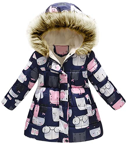 amropi Manteau Enfant Fille À Fleurs Veste à Capuche Fourrure Chaud Hiver Vêtement Marine Chat, 6-7 Ans