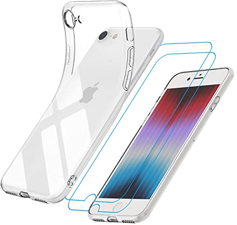 Garegce Hülle Kompatibel mit iPhone SE 2022, Hülle für iPhone 7/8/SE 2020 mit 2 Panzerglas Schutzfolie, Handyhülle Transparent Silikon Dünne Weiche TPU Stoßfest Schutzhülle - 4.7 Zoll - Klar