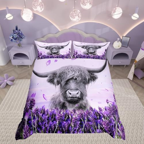 Homewish Purple Highland Cow King Size Duvet Cover Set - Cottagecore Floral Lavender Bedding for Girls Women - Scottish Hairy Coo Farmhouse Style Quilt Cover Romantic Garden Flower Bed Sets