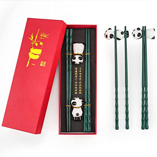 Chinesisches Stäbchen-Set, 2 Paar Bambus-Form Essstäbchen mit 2 Panda-Stäbchenhaltern, wiederverwendbare, rutschfeste, spülmaschinenfeste Essstäbchen, Geschenk für Panda-Liebhaber (Grün)