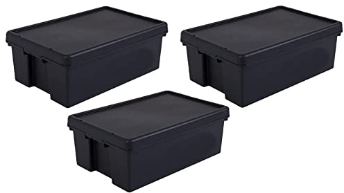JMS we create smile (Set of 3) 36 Litre Black Bam Heavy Duty Storage Box with Lid Stackable/Nestable Containers Organizing Basket Garage Storage Solution (36 Litre)