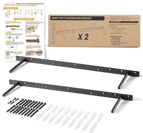 BATODA 24 Heavy Duty Floating Shelf Bracket (2 pcs) – Solid Steel Blind Shelf Supports - Hidden Brackets for Floating Wood Shelves - Blind Shelf Support - Shelving Mounting Hardware Included(Pack 2)