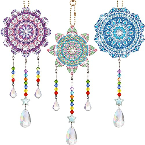 Macarrie 3 Pack Rhinestone Painting Suncatcher Wind Chime Double Sided Crystal Rhinestone Painting Hanging Ornament Flower Shape Suncatcher Kit for Adults DIY Window Home Garden(Fresh Style) | Double Sided Mandala Design for Adults, Crystal Rainbow Pendant Beads, Window Hanging Decor Ornament, Easy DIY Craft Kit