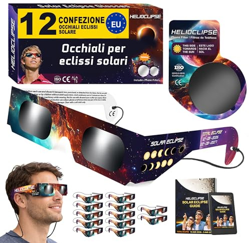 Helioclipse 12x Occhiali Eclissi Solare ISO 12312-2 2026 - Visori Astronomici Certificati per Osservazione Sole - Occhiali Protettivi dedicati Evento Celeste - 2x Filtro Solare Telefono
