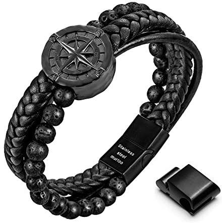 murtoo Armband Herren, Premium Lederarmband für Herren in schwarz und braun, Kompass Armband, Magnetverschluss aus Edelstahl, Tolle Geschenkidee für Männer