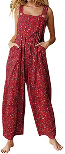 Edhomenn Women Summer Dungarees Multicolor Ethnic Style Square Neck Long Jumpsuit Playsuit Sleeveless Casual Baggy Overalls Rompers
